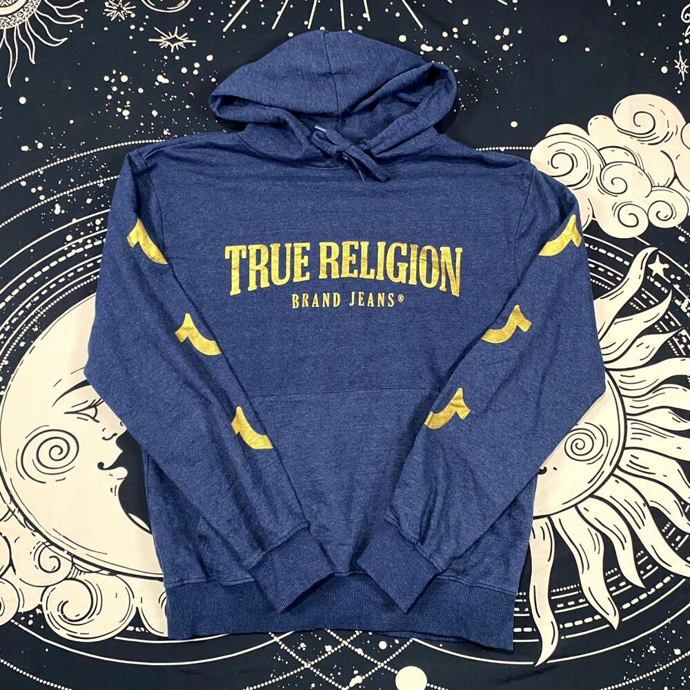 True Religion Hoodie Men's L Blue Cotton Graphic Print Loungewear Gym Training - Picture 1 of 6